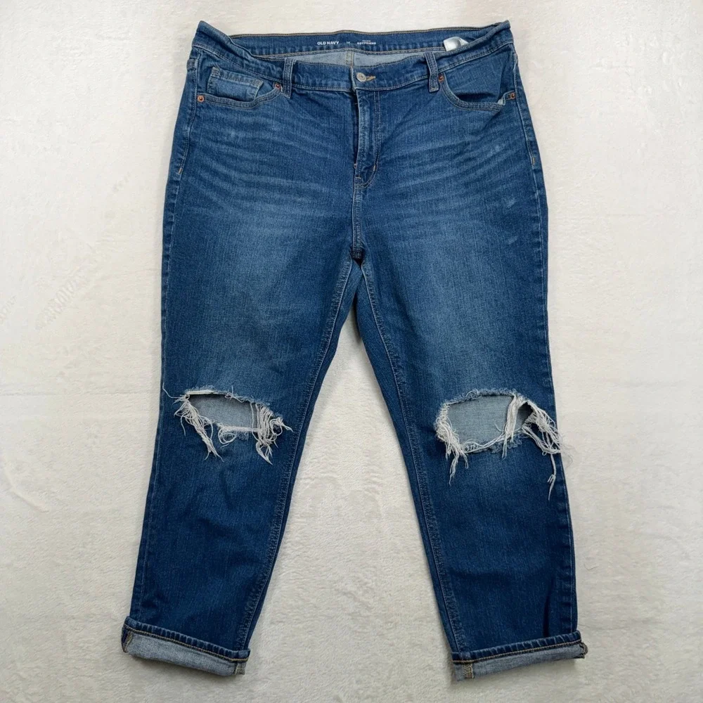 Old Navy 14 Jeans Mid Rise Boyfriend Straight Distressed Ripped Medium Wash Blue